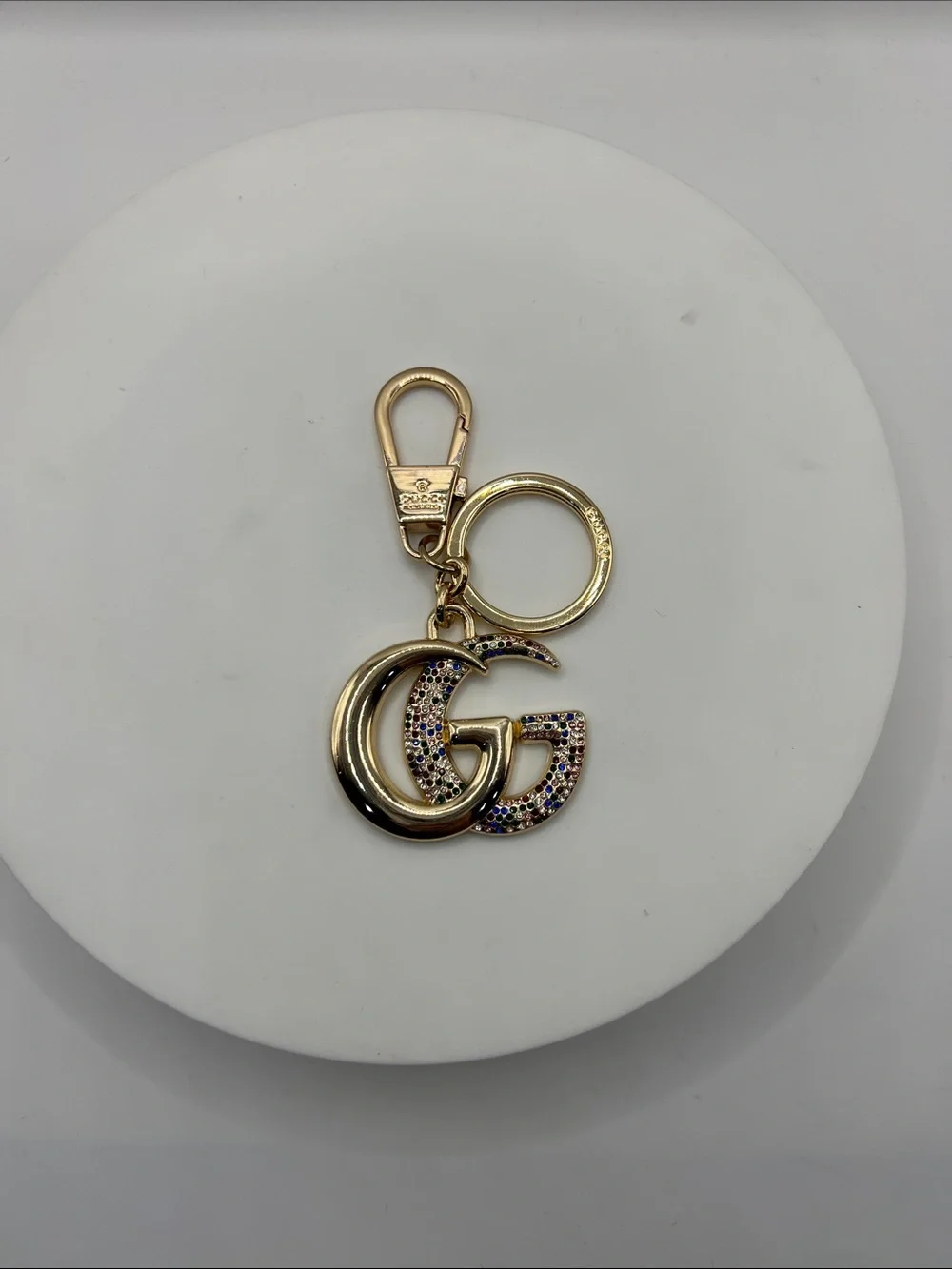 1447.  Gold Double G Multi Color Crystal-Encrusted Keyring or Bag Charm